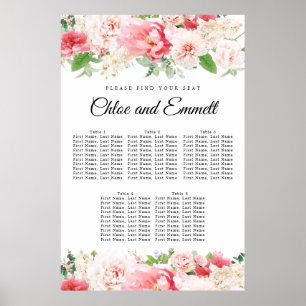 Große rosa Blumenkarte mit 5 Tischen für Hochzeite Poster