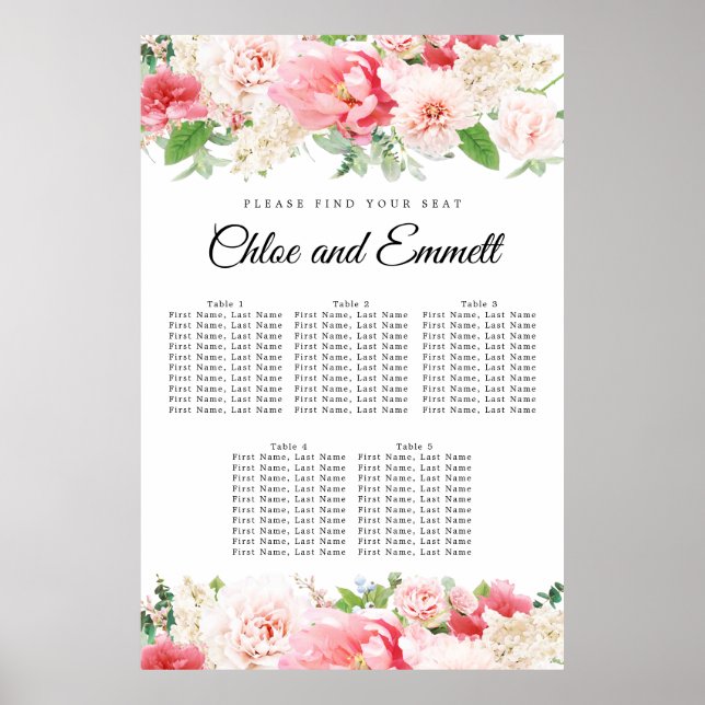 Große rosa Blumenkarte mit 5 Tischen für Hochzeite Poster (Vorne)
