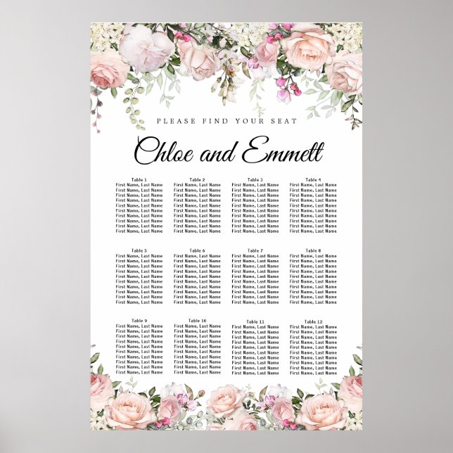 Große rosa, florale 12-Tisch Hochzeitskarte Poster (Vorne)