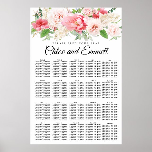 Große rosa, florale 20-Tisch Hochzeitstabelle Poster (Vorne)