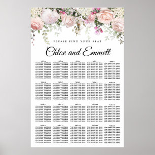 Große rosa, florale 20-Tisch Hochzeitstabelle Poster