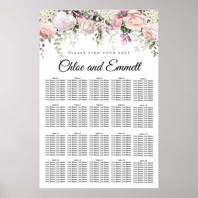 Große rosa, florale 20-Tisch Hochzeitstabelle Poster (Vorne)