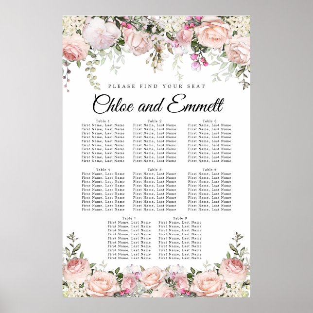 Große, rosa, florale 8-Tisch-Hochzeitstabelle Poster (Vorne)