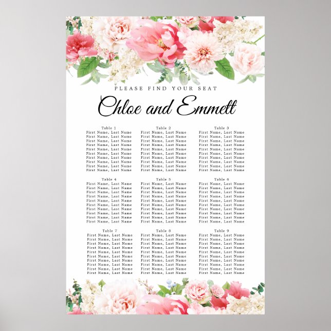 Große rosa, florale 9-Tisch-Hochzeitstabelle Poster (Vorne)