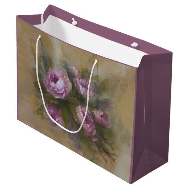 Große rosa / lila Rosen Geschenktüte (Vorderseite Schrägansicht)
