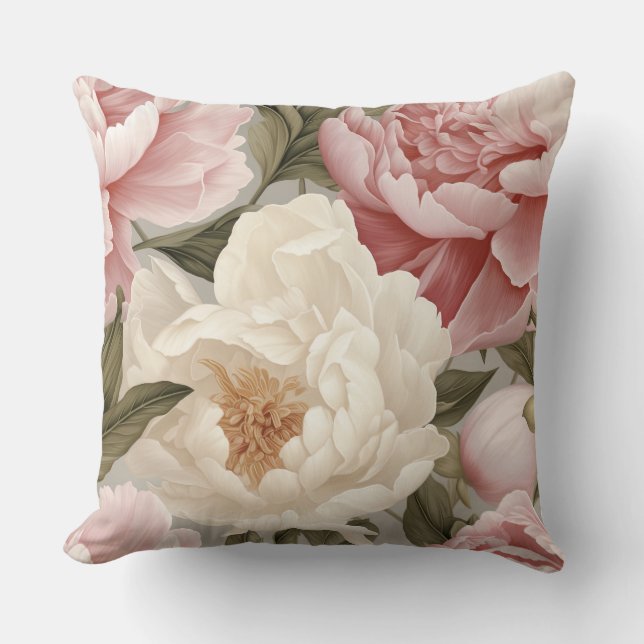 Große, rosa, weiße Peonings Blumenlandschaft Desig Kissen (Vorderseite)