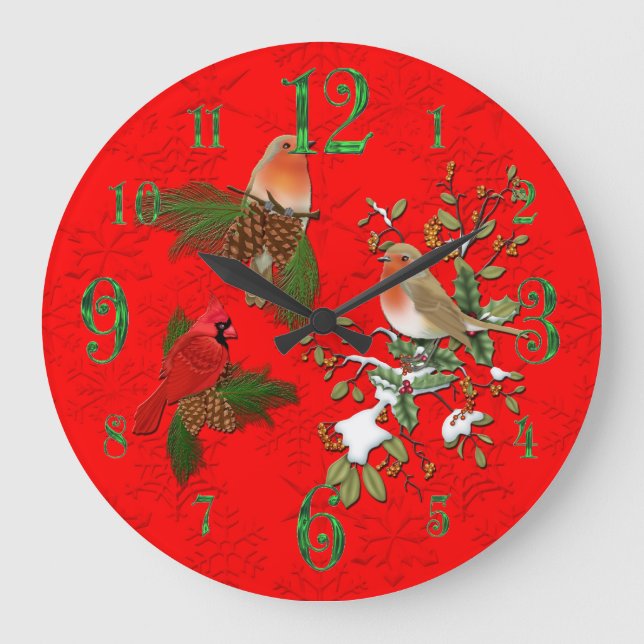 Große rote Kardinal und englische Robin Wall Clock Wanduhr (Vorderseite)