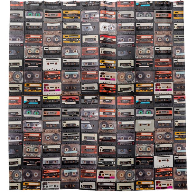 Große Sammlung von Audiokassetten. Retro musical  Duschvorhang (Vorderseite)