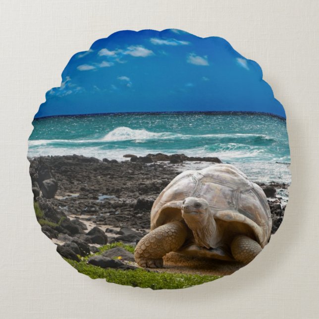 Große Schildkröte am Seerand Rundes Kissen (Vorderseite)