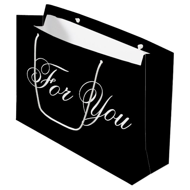 Große schwarze Designer Papiergeschenktasche Geschenktüte (Vorderseite Schrägansicht)