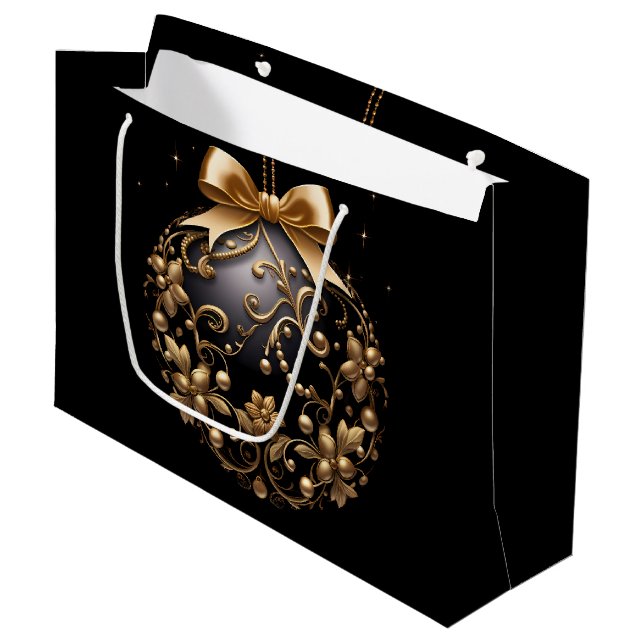 GROSSE SCHWARZE & GOLDENE WEIHNACHTSKUGEL GROßE GESCHENKTÜTE (Vorderseite Schrägansicht)