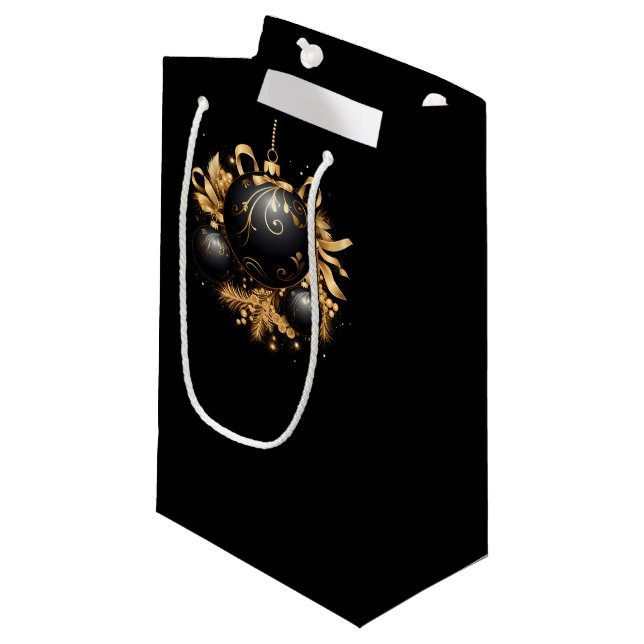 GROSSE SCHWARZE & GOLDENE WEIHNACHTSKUGEL KLEINE GESCHENKTÜTE (Vorderseite Schrägansicht)
