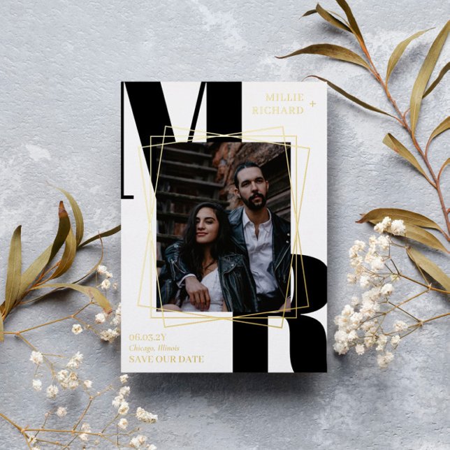 Große Schwarze Initialen Modernes Foto Save the Da Folieneinladung (Von Creator hochgeladen)