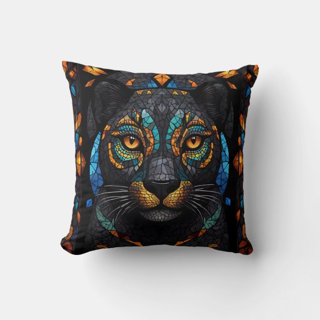 Große schwarze Katze Mosaik-Farbglas-Effekt Kissen (Vorderseite)