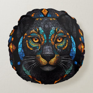 Große schwarze Katze Mosaik-Farbglas-Effekt Rundes Kissen