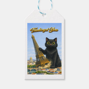 Große schwarze Katze wirft Eiffelturm um, wenn ich Geschenkanhänger