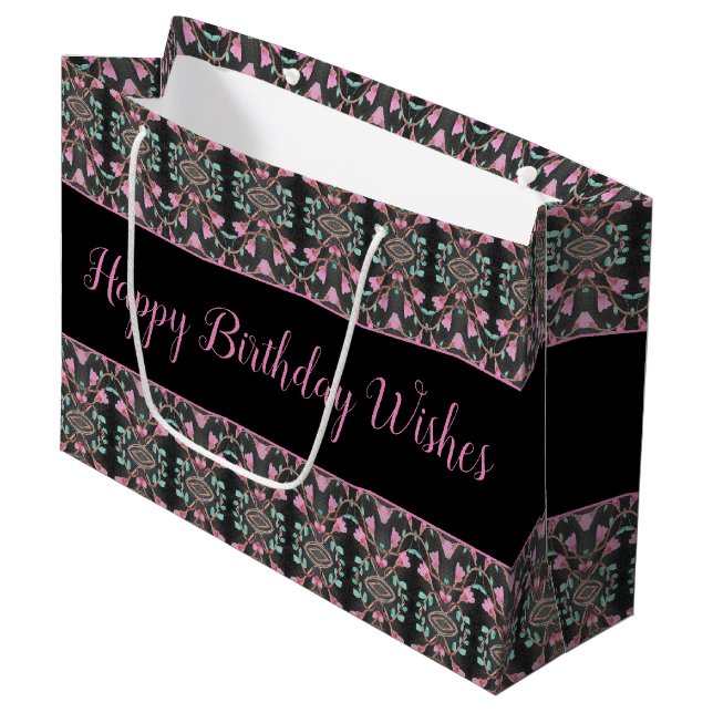 Große schwarze Rosa und Aquamarines Papier Geburts Große Geschenktüte (Vorderseite Schrägansicht)