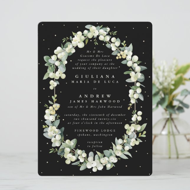 Große Schwarze Snowbere + Eukalyptus-Hochzeit Einladung (Stehend Vorderseite)