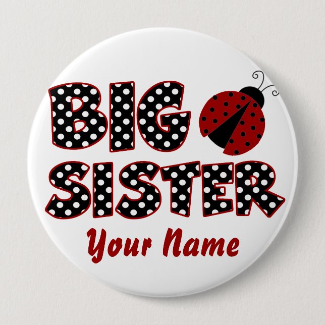 Große Schwester-Marienkäfer-roter personalisierter Button (Vorderseite)