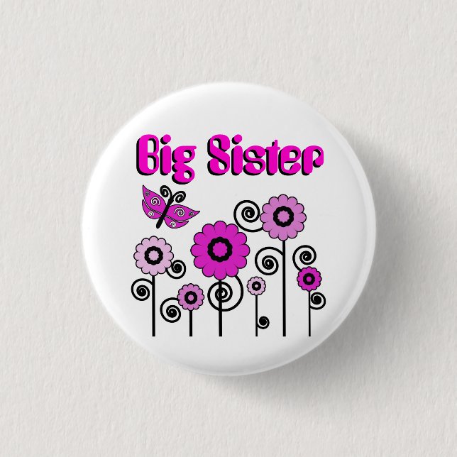 Große Schwester, rosa Blumen mit Schmetterling Button (Vorderseite)