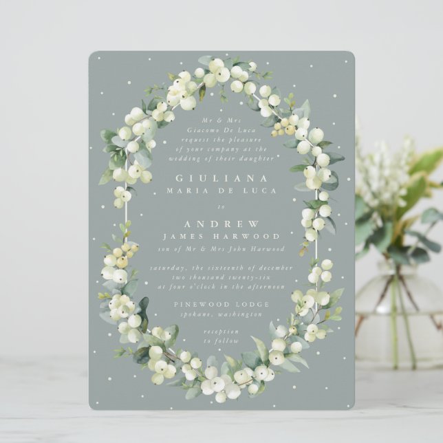 Große Seeafoam-Snowberry+Eukalyptus-Hochzeit Einladung (Stehend Vorderseite)