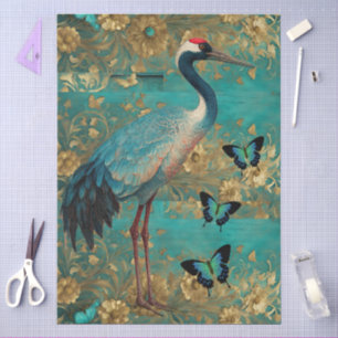 Große Shabby Chic Türkis Blumen Kranich Kunst Seidenpapier