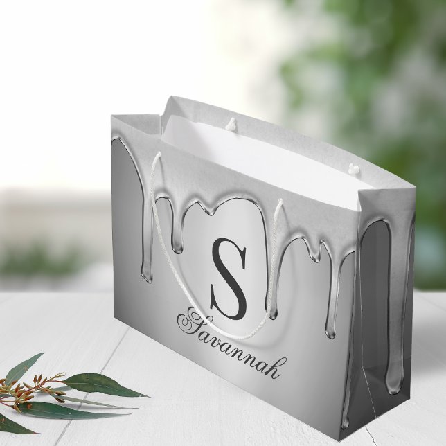 Große Silber-Chrome-Tropfen Flüssigmetall-Monogram Geschenktüte (Large Silver Chrome Drips Liquid Metal Monogram Large Gift Bag)