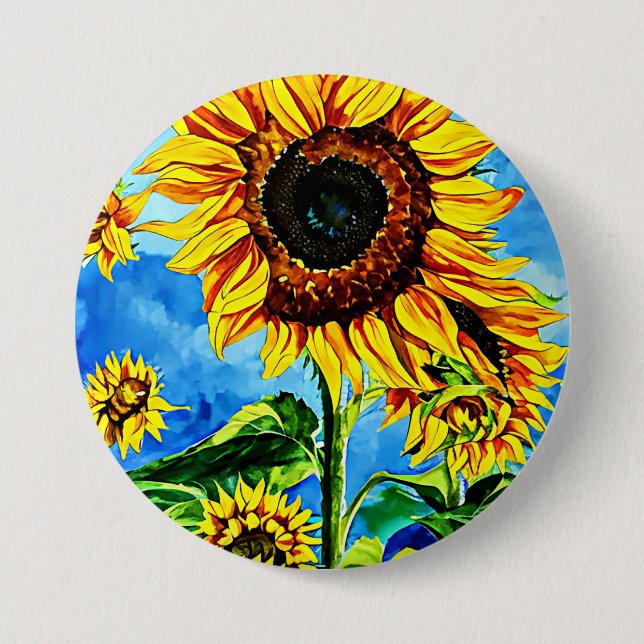 Große Sonnenblumen Aquarellmalerei Button (Vorderseite)