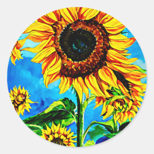 Große Sonnenblumen Aquarellmalerei Runder Aufkleber