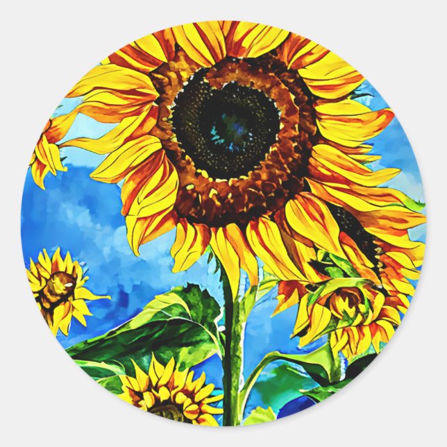 Große Sonnenblumen Aquarellmalerei Runder Aufkleber (Vorderseite)