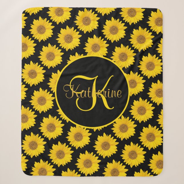 Große Sonnenblumen Monogram Gelb und Schwarz Sherpadecke (Vorderseite)