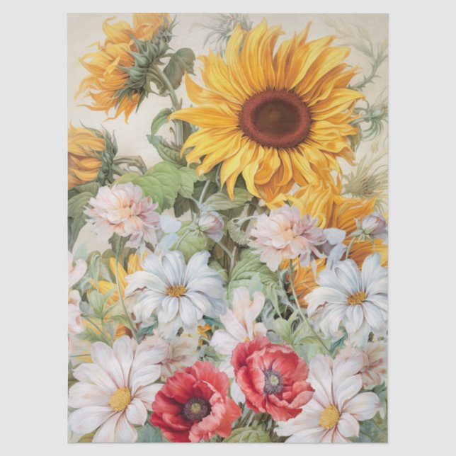 Große Sonnenblumen & Popies Bouquet Dekoupage Seidenpapier (Vorderseite)