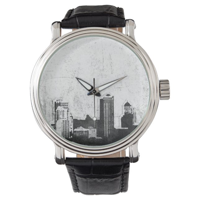 Große Stadt im Hintergrund schwarz-weiß Armbanduhr (Vorderseite)