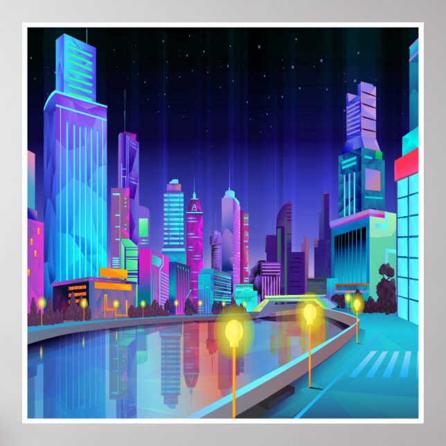 Große Stadtnacht Szene Panorama Art Poster (Vorne)