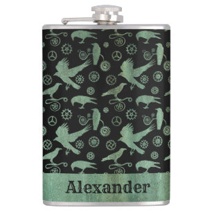 Große Steampunk-Verdigris-Gänse und Crows Custom Flachmann