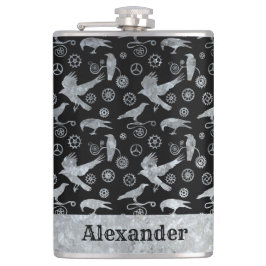 Große Steampunken Silberverzinkgestänge und -krähe Flachmann