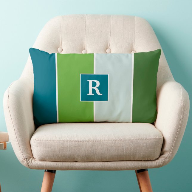 Große Streifen in blau und grün mit Monogram Lendenkissen (pillow in blue and green stripes with monogram)