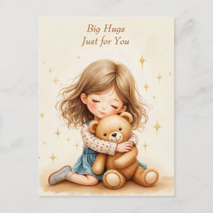 Große Umarmungen Süßes Mädchen umarmt Teddybär Postkarte