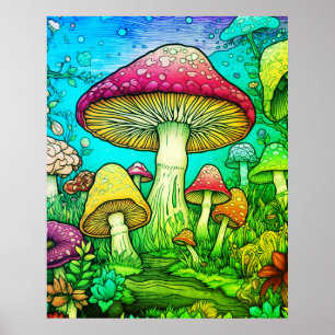 Große und kleine Pilze schwarzer Hintergrund an ei Poster