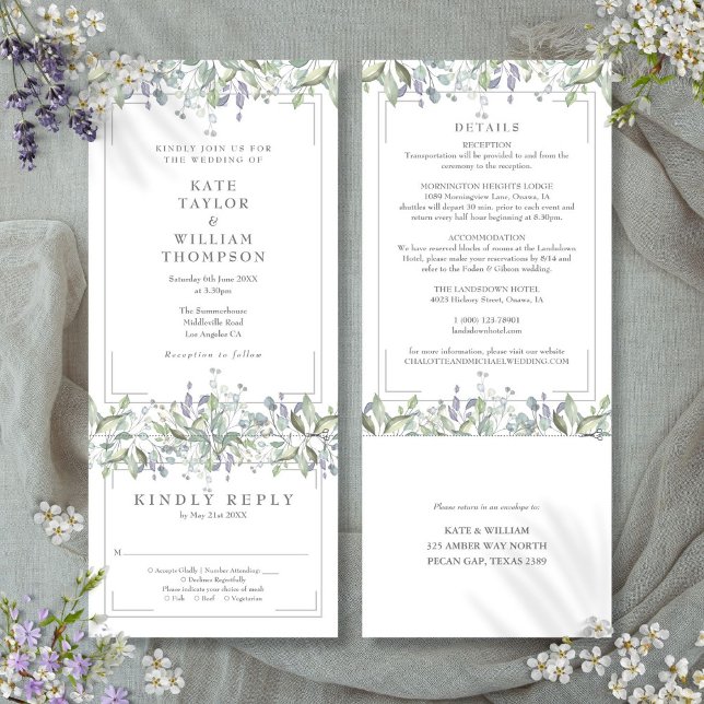 Größe und Lilac-Blüte in einer Hochzeit Einladung (Sage And Lilac Floral All In One Wedding Invitation)