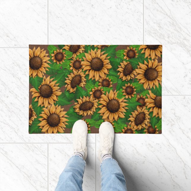 Große und schöne Sonnenblumen Muster Burlap Brown Fußmatte (Indoor)
