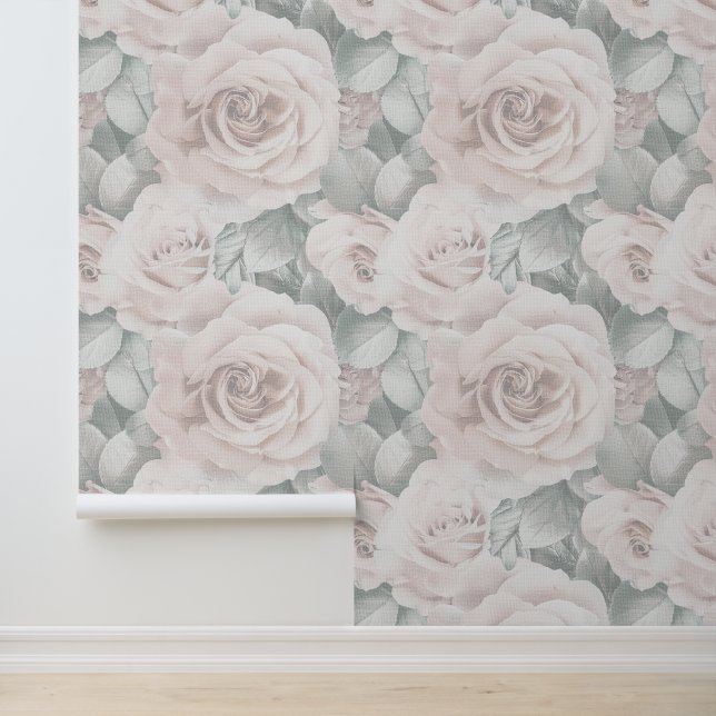 Große Vintage cremige Rose und grüne Blätter Tapete (Anwendung)