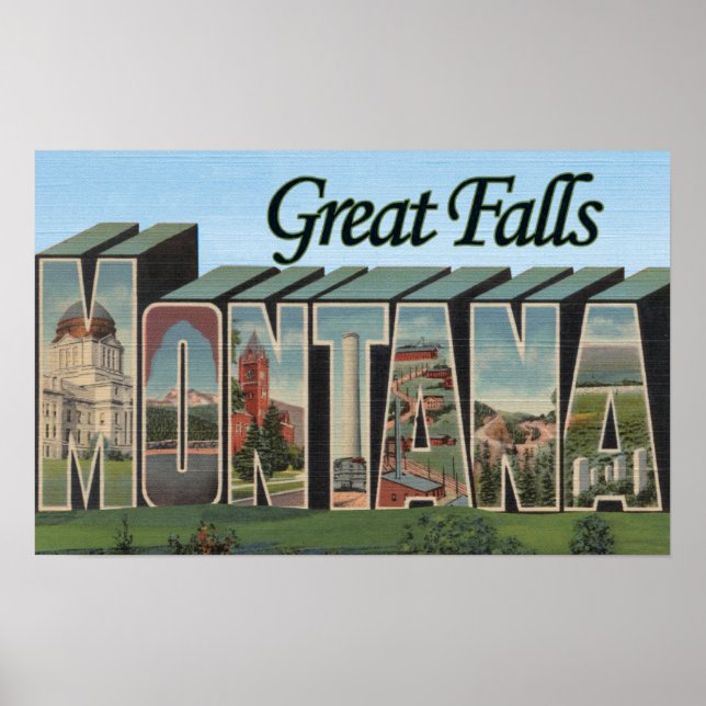 Große Wasserfälle, Montana - Große Buchstabenszene Poster (Vorne)
