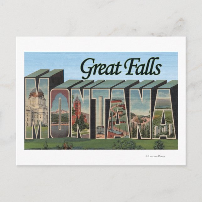 Große Wasserfälle, Montana - Große Buchstabenszene Postkarte (Vorderseite)
