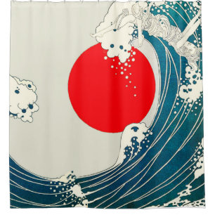 GROSSE WAVE UND ROTE SONNE Blau Weiß Nautik Duschvorhang