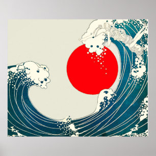 GROSSE WAVE UND ROTE SONNE Blau Weiß Nautik Poster