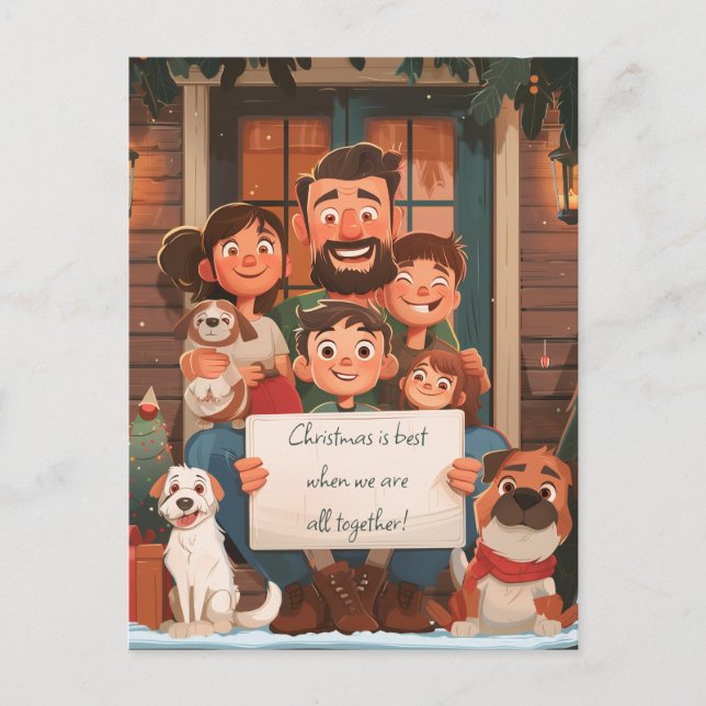 Große Weihnachtsfamilie und Haustiere Postkarte (Vorderseite)