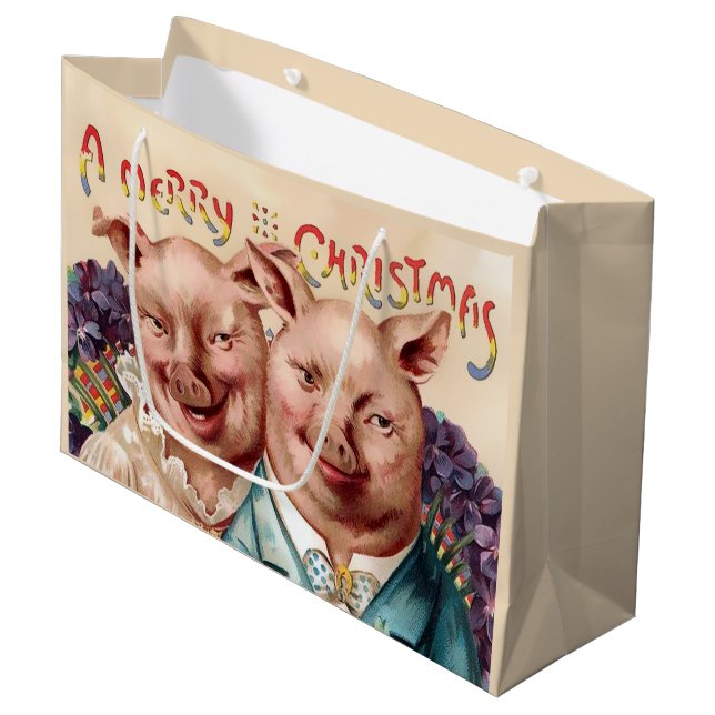 Große Weihnachtsschweinbeutel Geschenktüte (Vorderseite Schrägansicht)