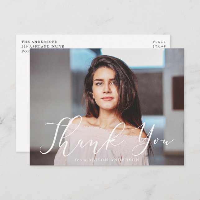 Grosse Weiß Script Foto Abschluss Vielen Dank Postkarte (Vorne/Hinten)