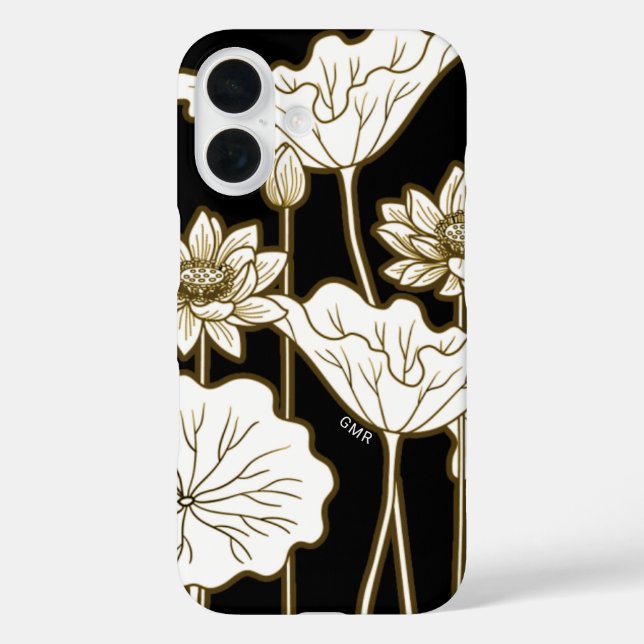 Große weiße Blume auf Schwarz mit Khaki Trim iPhone 16 Hülle (Rückseite)